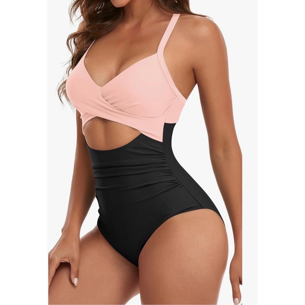 Two-Tone Pink and Black One-Piece Swimsuit